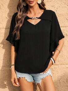 SHEIN Clasi 女士纯色优雅休闲设计宽松短袖衬衫