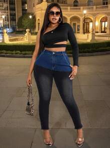 SHEIN SXY Plus Size Women Stretchy Colorblock Blue And Black Skinny Fit Jeans - Black - View 2