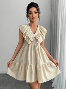 Chiquease Women's V-Neck Ruffle Hem Bow Mini Dress, Summer - Apricot - View 7