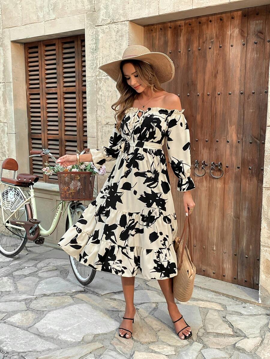 Chiquease Off Shoulder Elastic Waist Ruffle Hem Floral Print Dress, Slimming - Multicolor - View 1