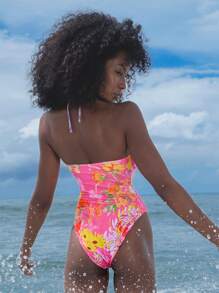 SHEIN Swim Bộ đồ bơi 2 mảnh cho kỳ nghỉ xuân, hàng mới về, váy yếm buộc sau lưng họa tiết nhiều màu, trang phục thường ngày dự tiệc, ngày lễ, phong cách Boho, váy che đi biển & đồ bơi một mảnh, đồ bơi đi biển cho nữ - Nhiều màu - Xem 3