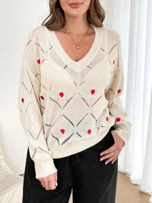 SHEIN Frenchy Plus Size V-Neck Long Sleeve Heart Print Casual Pullover Sweater Fall/Winter - Multicolor - View 9