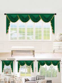 1 件橄榄绿和黄色珍珠装饰窗帘，意大利天鹅绒材料，欧式简约风格荷叶边，适用于客厅、卧室、厨房窗户和门装饰 - 彩色 - 查看 1