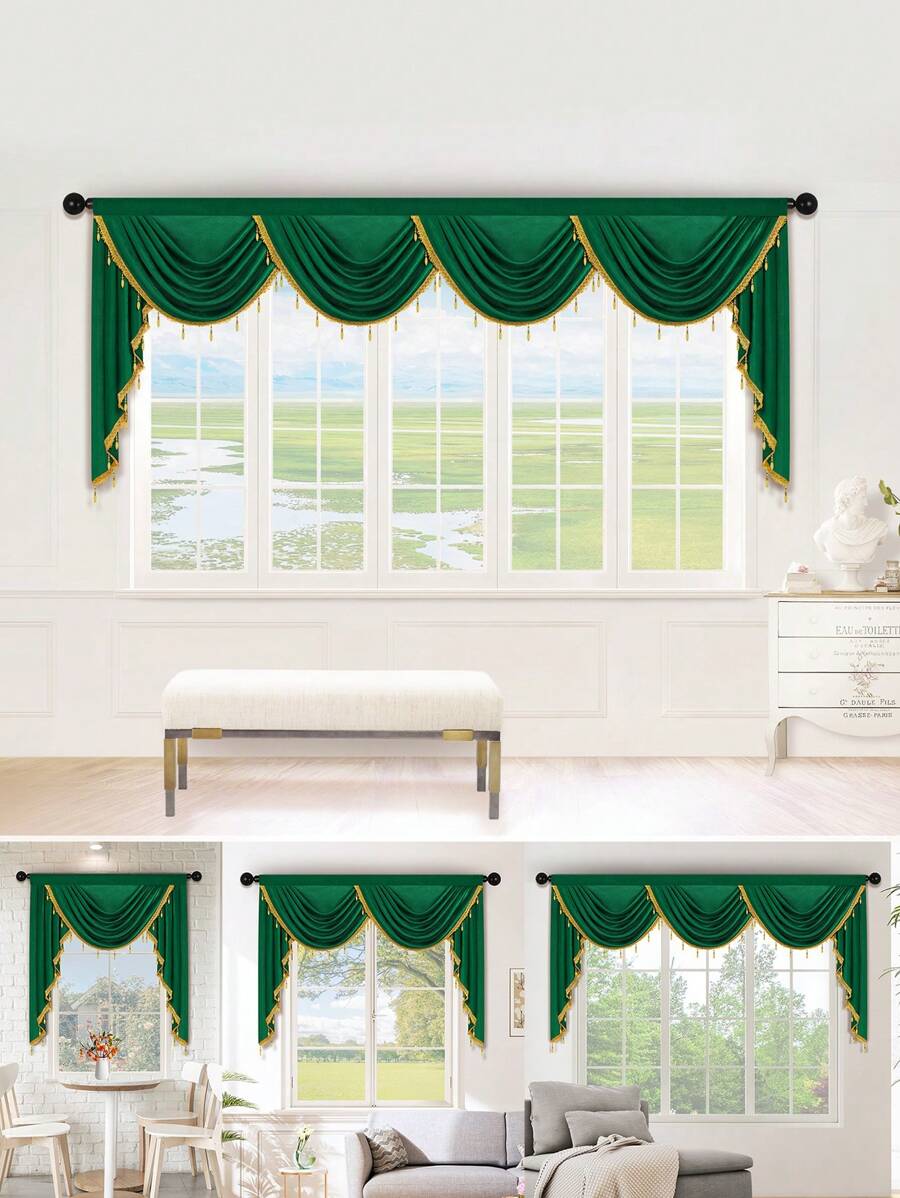 1 件橄榄绿和黄色珍珠装饰窗帘，意大利天鹅绒材料，欧式简约风格荷叶边，适用于客厅、卧室、厨房窗户和门装饰 - 彩色 - 查看 1