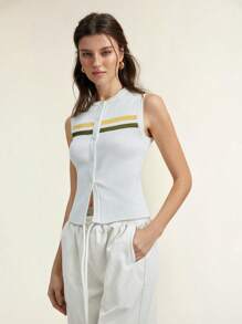 SHEIN LUNE 春夏通勤简约女士渐变色精致针织无袖吊带背心上衣 - 白色 - 查看 6