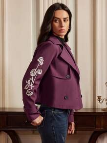 Anewsta Abrigo estilo gabardina de mujer con pantalones cortos bordados, diseño "Old Money" para primavera/otoño - Rojo violeta - Ver 3