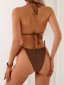 SHEIN Swim 2pcs Sexy Halter Bowknot Metal Buckle Women Bikini Set, Spring Break Festival Boho - Coffee Brown - View 2