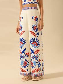 CAJUNI 女士米色热带花卉印花休闲宽松裤，夏季