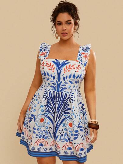 Travachic Plus Size Women's Boho Vacation Casual Blue Floral Print Backless Strap Bow Short Dress