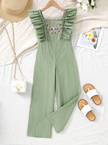 SHEIN Leap Crew Tween Girls Woven Chiffon Ruffle Embroidered Wide Leg Jumpsuit, Mint Green, Suitable For Spring Outing, Resort, Garden Tea, Casual Outings - Mint Green - View 8