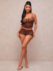 SHEIN SXY Spring And Summer Pure Brown Sexy See-Through Lace Suit Lace Camisole + Lace Shorts Hot Pants 2 Pieces Set Home Wear/Night Date Wear - Brown - View 5