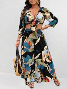SHEIN Clasi 2pcs Plus Size Women Boho Casual Cropped Plant Print Top And Wide Leg Pants Co-Ord Set, For Summer - Multicolor - View 5