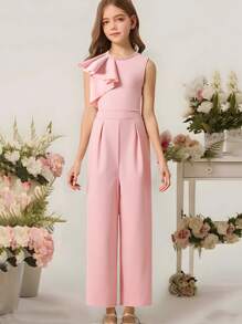 Preadolescente Niñas Elegante Casual Mono Ajustado de Cintura Alta de unicolor sin Mangas con Cuello de Volantes, Verano, Rosa