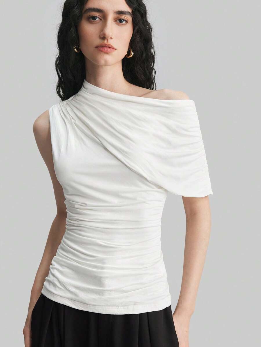 Ontre Women Solid Color Knit Asymmetric Neck Ruffle Hem Blouse - White - View 1