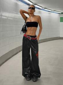StreetHx 街头风格女款交叉宽松休闲皮裤 - 黑色 - 查看 6
