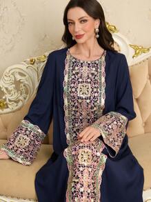 Al Najma Front Split-Sleeve Sequins Colorful Trim Big Hem Arabic Style Dress, Spring/Summer,Modest