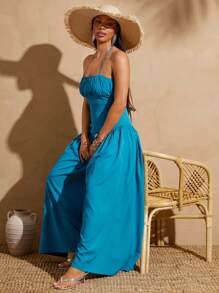 Vixey Pleated Halter Neck Extreme Wide Leg Cami Jumpsuit, Boho, Vacation Outfits Woman, Beach Outfits For Woman, Spring Outfits For Women, Summer Clothes, Summer Dresses, Vacation, Spring Break, Vacation Outfits Women, Island Vacation Outfits - Blue - View 2