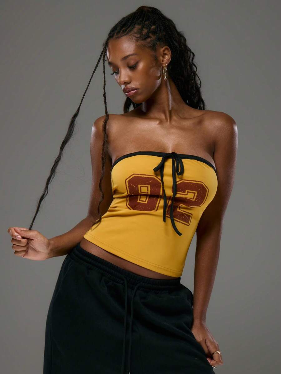 MUSERA Slogan Tie Front Bandeau Top Street Style Varsity Boho Club Sexy Tube Top Deconstructed Festival Ibiza Holiday Beach Rave Graphic Back To School - Yellow - View 1