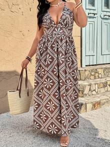SHEIN VCAY Plus Size Floral Print Spaghetti Strap Backless Dress,Brown Summer Boho Vacation Wedding Guest Holiday Outfits,Western Tropical Beach Tea Party Dress - Multicolor - View 4