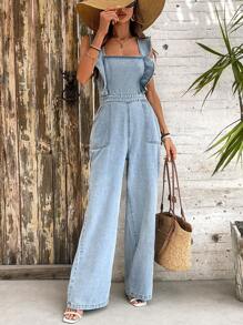SHEIN Essnce 女士休闲假日荷叶边系带露背牛仔连身裤 - 淺色水洗藍 - 查看 4