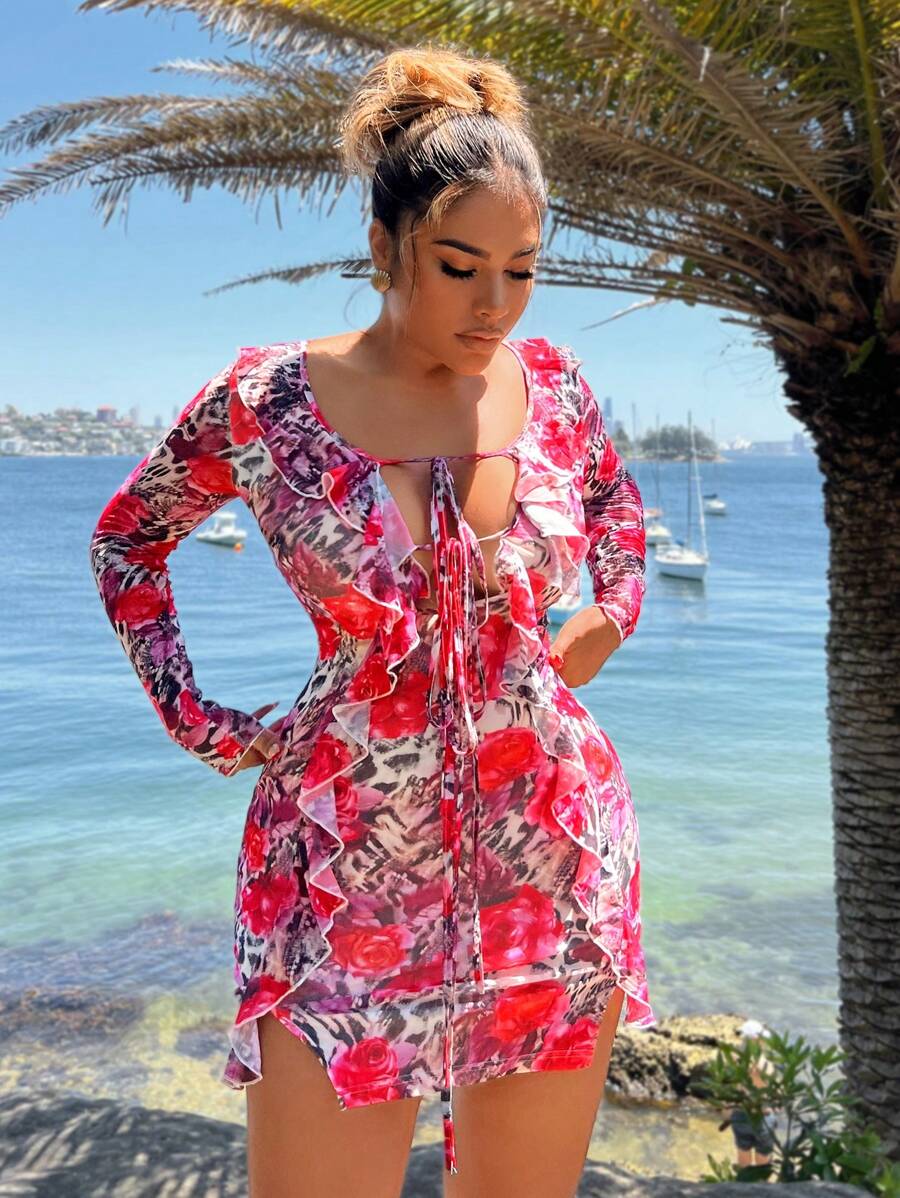 SHEIN SXY Summer/Beach;Sexy, Elegant, Romantic Sheer Large Floral All-Over Print Mini Dress With Hollow Front, Long Balloon Sleeves, Ruffle Hem Slit Net Overlay Dress For Date, Casual, Valentine's Day, Night Out, Birthday, Party, Clubbing, Island Vacation, Holiday - Multicolor - View 1