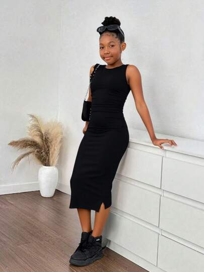 时尚无袖圆领修身开衩长裙，适合青春期女孩，休闲街头风格，黑色修身女孩连衣裙，黑色青少年连衣裙