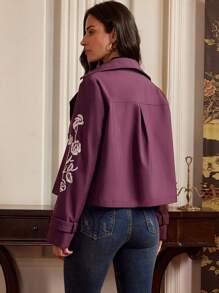 Anewsta Abrigo estilo gabardina de mujer con pantalones cortos bordados, diseño "Old Money" para primavera/otoño - Rojo violeta - Ver 7