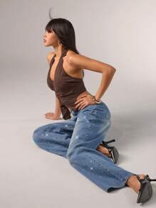 SHEIN BAE Women's Rhinestone Decor Pocket Wide Leg Loose Fit Jeans - Baby Blue - View 5