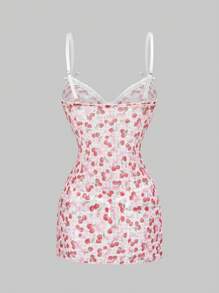 ROMWE Kawaii Sweetheart Pastoral Style Girl Cherry Full Print Lace Stitching Bowknot Sexy Dress Set - Multicolor - View 3