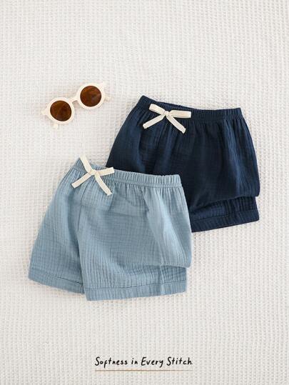 Cozy Pixies 2pcs Baby Boy Set: Solid Color Elastic Waist Casual Shorts