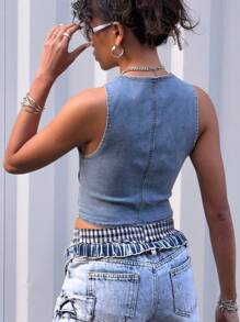 SHEIN Teen Girls' Y2K Blue Denim Bow Sleeveless Cropped Top,Kid Girls Spring And Summer Casual Vacation Boho Wear, Festival Outfits For Girls