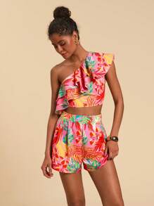 Travachic 2pcs Women's Tropical Print Asymmetric Shoulder Top And Shorts Set - Hot Pink - View 4