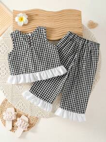 SHEIN Vintaside Kids 女宝宝夏季套装 - 格子荷叶边上衣 + 裤子 - 黑色 - 查看 2