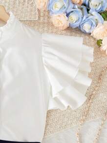 2 pièces Ensemble chemise à manches courtes avec volant blanc et jupe plissée pour pré-adolescentes, tenue décontractée/bureau, printemps/été