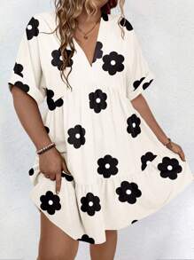 EMERY ROSE 大码女式花卉印花 V 领宽松蝙蝠袖休闲短袖连衣裙，春夏