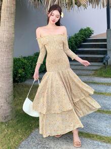 DAZY Bohemian Style Vacation Plant & Ditsy Floral Ruffled Off Shoulder Bodycon Dress For Women Summer Dress Boho - Beige - View 1