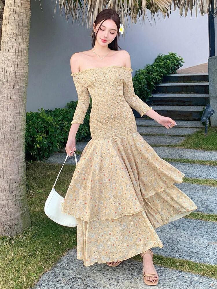 Bohemian Style Vacation Plant & Ditsy Floral Ruffled Off Shoulder Bodycon Dress For Women Summer Dress Boho