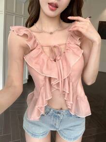 DAZY Áo cánh chiffon xếp nếp dây rút cho nữ - trắng - Xem 4