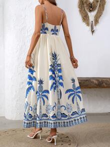 热带印花抽绳腰部超长吊带连衣裙 - 杏色 - 查看 2