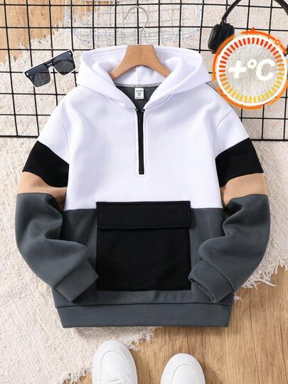 SHEIN 青少年男孩休闲拼色连帽套头针织连帽衫，黑色和白色，适合学校、花园、海滩、生日 - 所有季节