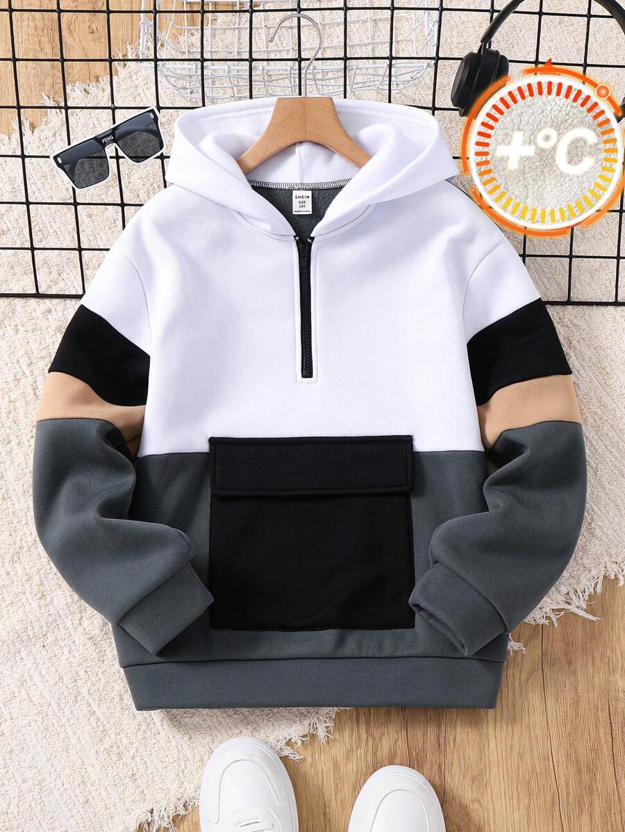 SHEIN 男童休闲撞色连帽套头针织衫，黑白配色，适合上学、花园、海滩、生日等场合——四季皆宜，尤其适合秋冬季节。 - 彩色 - 查看 1