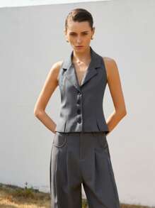 SHEIN Privé Women's Commute Style Collared Halter V-Neck Slim Fit Gray Short Sleeveless Tank Top - Grey - View 3