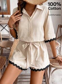 SHEIN Frenchy 女式拼色贝壳边编织腰带细节连体裤，女式休闲假日拼色波浪边连体裤，教师服装，7 月 4 日服装，商务休闲女装，7 月 4 日服装，老钱风格，音乐会女装，秋装，工作服，海滩女装，老钱风格，返校服装 - 彩色 - 查看 6