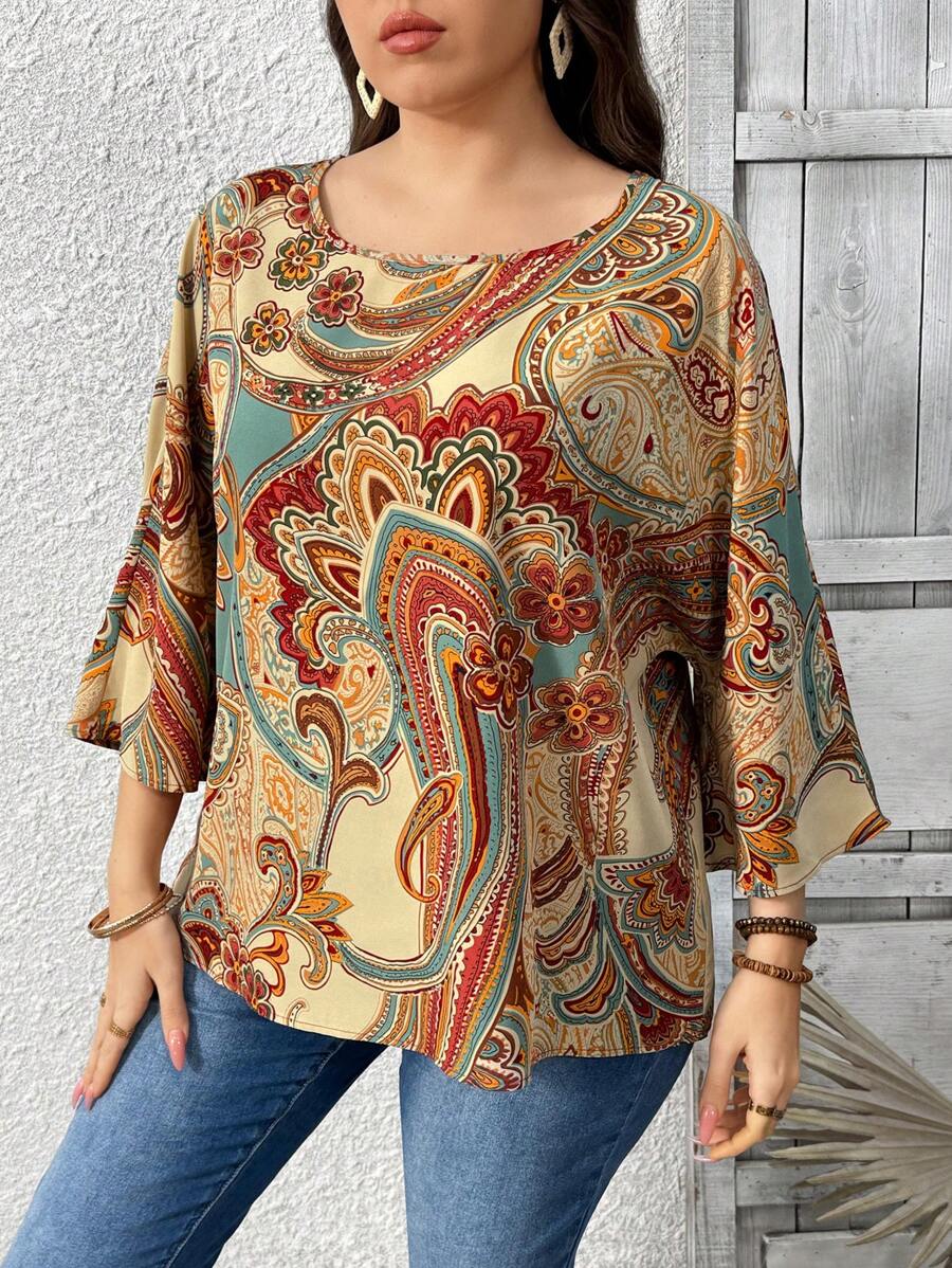 EMERY ROSE 女式大码休闲宽松佩斯利花卉印花衬衫，夏季 - 杏色 - 查看 1