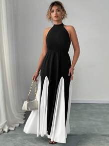 Elenzga Vestido midi con cintura asimétrica, corte en A y espalda descubierta de elegancia francesa para mujer talla grande - Negro - Ver 4