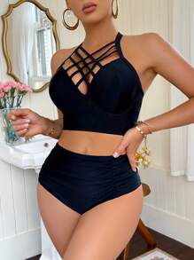 Swim DD+ Damen Sommer Strand einfarbiger Neckholder Sexy Bikini Bademode Set, für Sommerurlaub am Strand