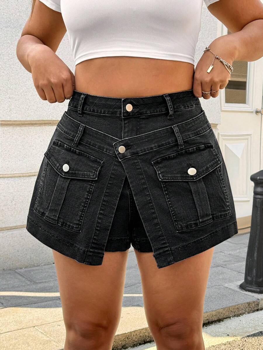 SHEIN EZwear Plus Size Denim Shorts Simple And Stylish Casual Everyday - Black - View 1
