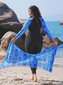 Swim Shayni Plus Size Women's 2 Pieces Swimwear, Black & Blue Printed Design Front Zipper One Piece Swimwear & Cover Up Skirt, Conservative Style, Summer Beach Vacation Burkinis - Multicolor - View 5