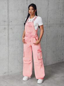 SHEIN EZwear Women's Denim Strap Pants And Jumpsuit, Minimalist Fashion Casual Everyday Wear - Pink - View 4