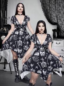 Whyspr Casual Punk Plus Size Summer Asymmetrical Hem Velvet Dress With Dark Print - Black - View 2